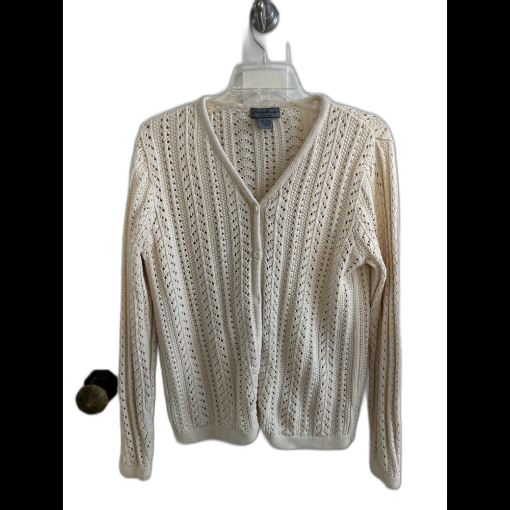 EUC Vintage EDDIE BAUER Women Cardigan Sweater Ivory Cable Cotton Sz M